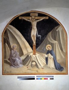 Kreuzigung mit der Jungfrau Maria und dem Heiligen Dominikus. Inschrift "INRI" auf dem Kreuz, 1442 von Fra Angelico