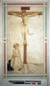 Die Kreuzigung mit dem heiligen Dominikus. Inschrift "INRI" auf dem Kreuz. Fresko von Guido di Pietro von Fra Angelico
