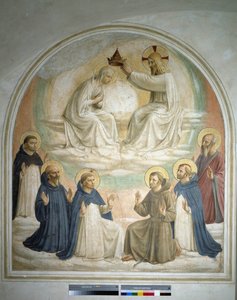 Die Krönung der Jungfrau. Von links nach rechts: Heiliger Thomas, Heiliger Benedikt von Nursia, Heiliger Dominikus, Heiliger Franziskus, Heiliger Petrus Märtyrer und Heiliger Markus. Fresko von Guido di Pietro von Fra Angelico