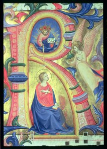Ms 558 f.33v Die Verkündigung, Detail (Initiale R) aus einem Missale von Fra Angelico