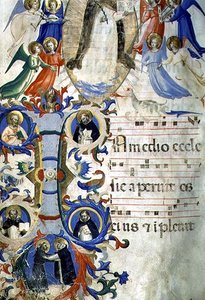 Ms 558 f.67v St. Dominikus umgeben von musizierenden Engeln über einer historisierten Initiale I, die (im Uhrzeigersinn) die Heiligen Augustinus, Ambrosius, Petrus Martyr, Gregor und Hieronymus darstellt, aus einem Graduale, frühe 1430er Jahre