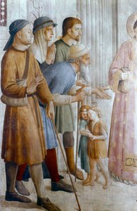 St. Laurentius gibt den Armen Almosen (Detail), Mitte des 15. Jahrhunderts