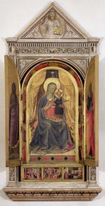 Das Linaiuoli-Triptychon (mit offenen Flügeln): Die Jungfrau und das Kind auf dem Thron mit St. Johannes dem Täufer und St. Markus, 1433 von Fra Angelico