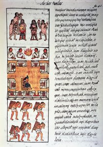 Aztekische Gesellschaft, Musiker, König und Händler, Text in Nahuatl, aus Faksimile des Manuskripts Allgemeine Geschichte der Dinge von Neuspanien, auch bekannt als Florentiner Kodex, von Bernardino de Sahagun