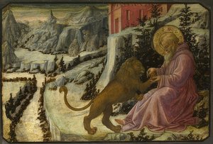 Der Heilige Hieronymus und der Löwe (Predella des Altarbildes der Santa Trinità von Pistoia) von Fra Filippo Lippi