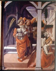 Die Verkündigung (Detail der zwei Engel) von Fra Filippo Lippi
