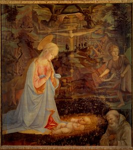 Die Jungfrau, das Jesuskind, der heilige Johannes der Täufer als Kind und der heilige Bernhard von Clairvaux (1090 - 1153) Letzterer war der Gründer des Zisterzienserordens und der erste Patron des Templerordens. Detrempe auf W von Fra Filippo Lippi