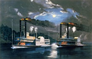 Ein Mitternachtsrennen auf dem Mississippi, nach einer Zeichnung von H.D. Manning, veröffentlicht von Currier und Ives, New York, 1860 von Frances Flora Bond Palmer