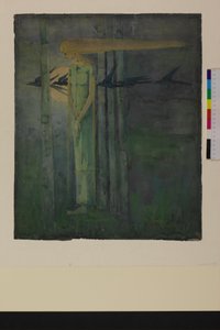 "Unglücksomen", oder, "Mädchen im Ostwind mit vorbeiziehenden Raben vor dem Mond", 1893 von Frances Macdonald