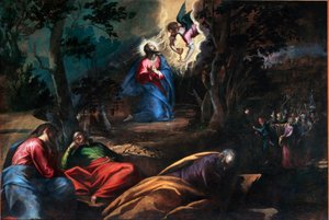 Das Gebet im Garten der Olivenbäume. Rechts kommt Judas mit den Soldaten, um Jesus Christus zu verhaften. Gemälde von Francesco Bassano dem Jüngeren (ca. 1549-1592) Venedig, Chiesa del Redentore, Italien von Francesco Bassano