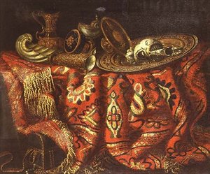 Ein Nautiluspokal, eine Patene, Kannen und eine vergoldete Schale auf einem Teppich über einer Kante drapiert von Francesco (circle of) Fieravino
