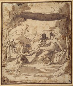 Venus, unter einem rustikalen Baldachin liegend, mit Adonis, der ihre Sandale befestigt von Francesco Albani