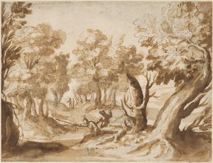 Zwei Figuren beim Angeln in einer Landschaft