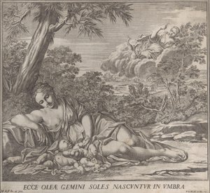Latona und ihre schlafenden Zwillinge, Apollo und Diana, in einer Landschaft, 1705 von Francesco Antonio Meloni