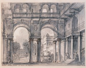 Szenografie für die zweite Szene von „Die Hochzeit des Figaro“ (Le nozze di Figaro) von Wolfgang Amadeus Mozart, inszeniert vom Bühnenbildner Francesco Bagnara (1820-1839), Venedig, Museo Correr