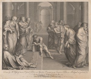 Christus segnet die ehebrecherische Frau mit gefesselten Handgelenken in einem Tempel von Francesco Bartolozzi
