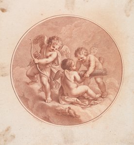 Drei Cupidos mit Bögen und Pfeilen und zwei Tauben