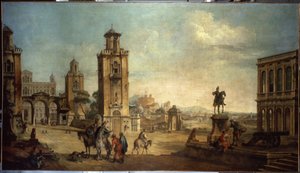 Straßenszene in einer Stadt, der große Platz mit Denkmälern von Francesco Battaglioli