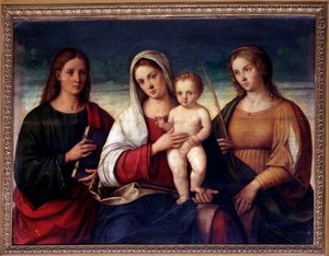 Jungfrau mit Kind, umgeben von St. Johannes dem Evangelisten und St. Katharina von Alexandria