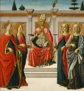 Heiliger Nikolaus und die Heiligen Katharina, Lucia, Margareta und Apollonia von Francesco Botticini