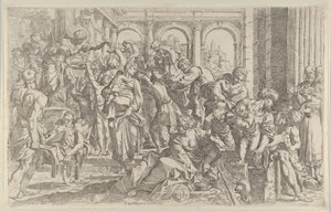 Heiliger Rochus verteilt Almosen an eine Gruppe von Menschen um ihn herum von Francesco Brizio