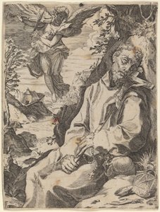 Der heilige Franziskus getröstet vom musikalischen Engel von Francesco Carracci after Agostino Carracci