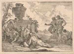 Ein Satyr mit einem Stab und sieben weiteren Figuren