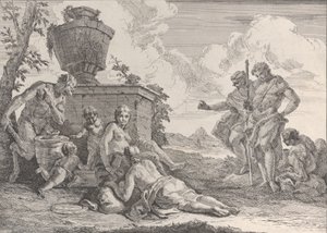 Satyr mit Keule und sieben Figuren, aus Bacchanals und Geschichten, 1744 von Francesco Fontebasso