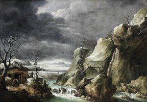 Reisende nähern sich einer Scheune in einer Winterlandschaft unter einem stürmischen Himmel