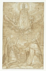 Eine gekrönte Madonna mit dem Kind, umhüllt von einem Mantel und schweren Ketten, erscheint in den Wolken, umgeben von Engeln und Cherubim, vor zwei knienden Heiligen; einer ein Soldat, der Märtyrer ist, der andere ein Geistlicher (Hyacintus?). Ein Engel r von Francesco Francia