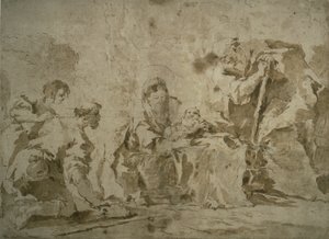 Anbetung der Hirten (recto); Drei Skizzen: Gebäude am Kanal mit Booten, Landschaft mit Gebäuden am Hang, Gebäude mit Portikus (verso) von Francesco Guardi
