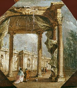 Capriccio einer Ruine mit einem eleganten Paar und einem Hund von Francesco Guardi