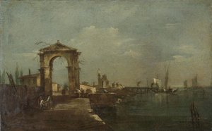 Landschaft mit einem Kai und Schiffen auf einem See von Francesco Guardi