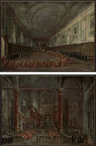 Papst Pius VI. steigt vom Thron, um sich vom Dogen in der Halle von SS. Giovanni e Paolo zu verabschieden, 1782 und Pontifikalzeremonie in SS. Giovanni e Paolo, Venedig, 1782 (Paar) von Francesco Guardi
