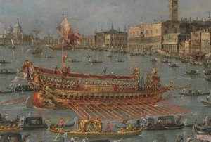 Das Bucintoro-Fest in Venedig. Das Bacino di S. Marco mit dem Bucintoro, der Staatsbarke des Dogen, am Himmelfahrtstag (Detail) von Francesco Guardi