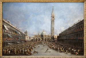 Der Doge von Venedig wird nach seiner Wahl von den Gondolieri auf den Markusplatz getragen (Blick auf die Basilika San Marco und den Glockenturm), Ölmalerei von Francesco Guardi (1712-1792). Fotografie, KIM Youngtae, Grenoble, Musée de Grenoble. von Francesco Guardi
