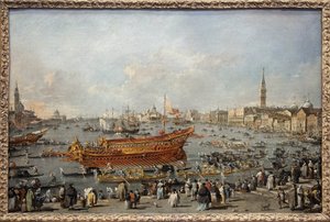 Der Start des Bucentaurus zum Lido von Venedig am Himmelfahrtstag, der Doge nimmt an der großen Veranstaltung der Himmelfahrtsfeierlichkeiten teil, der Hochzeit von Venedig mit der Adria zur Erinnerung an die Eroberung Dalmatiens im 14. Jahrhundert