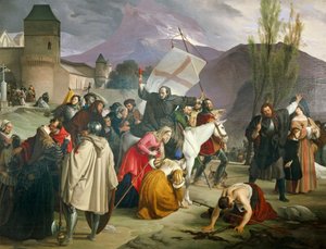 Peter der Einsiedler reitet auf einem weißen Maultier mit einem Kreuz in der Hand und predigt den Kreuzzug von Francesco Hayez