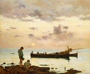 Marina mit Fischerboot und Jungen von Francesco Lojacono