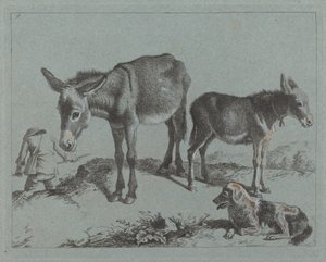 Esel mit ihrem Fohlen, einem Hund und einem Bauern von Francesco Londonio