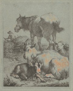 Pferd, Widder, Ziege mit Kitz, im Hintergrund ein Hirte mit Herde von Francesco Londonio