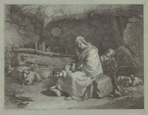 Innenraum eines Stalls mit sitzender Spinnerin und schlafendem Kind, 1759-1782
