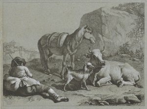 Liegender Hirte mit Pferd, Kuh und Hund von Francesco Londonio