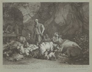 Alter, kahlköpfiger Schäfer, sitzender Schäferjunge und Herde von Francesco Londonio