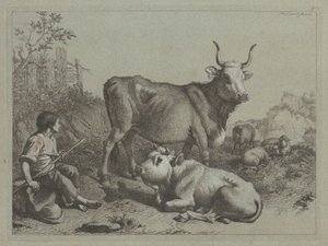 Sitzender Hirte mit einem Stier und einem Ochsen