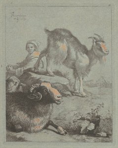 Sitzende Schäferin, ein Widder, ein Schaf und eine Ziege von Francesco Londonio