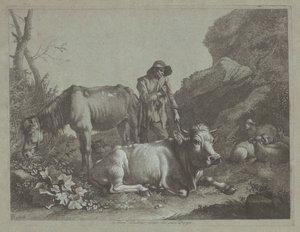 Hirte ruht sich auf einem Gehstock mit einem alten Pferd und einem liegenden Stier aus