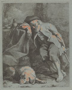 Schlafender alter Mann mit Hund