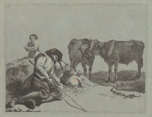 Schlafender Hirte, zwei Kälber und eine Bäuerin von Francesco Londonio