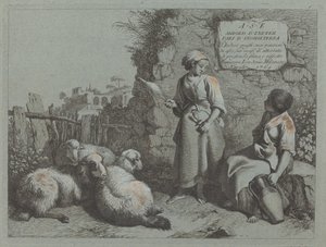 Zwei Mädchen im Gespräch: Eine steht und spinnt von Francesco Londonio
